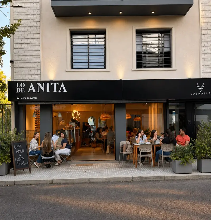 Fachada de Lo de Anita en Soca 428 al atardecer, con gente en las mesas de afuera